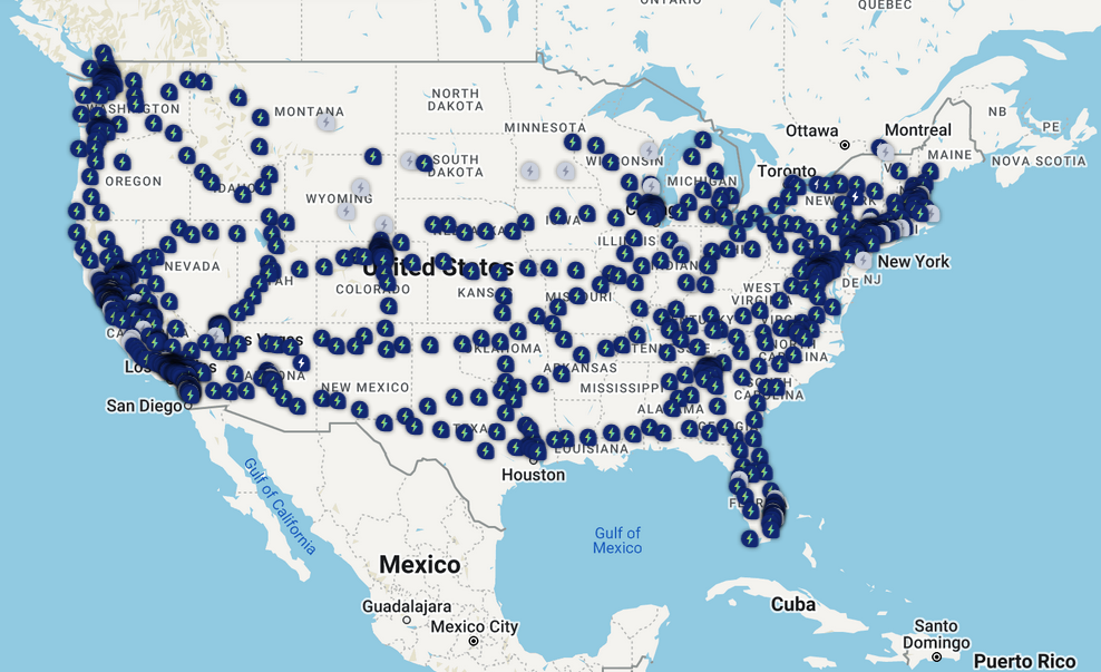 The map of Electrify America fast charging stations across the US, as of late June 2022.