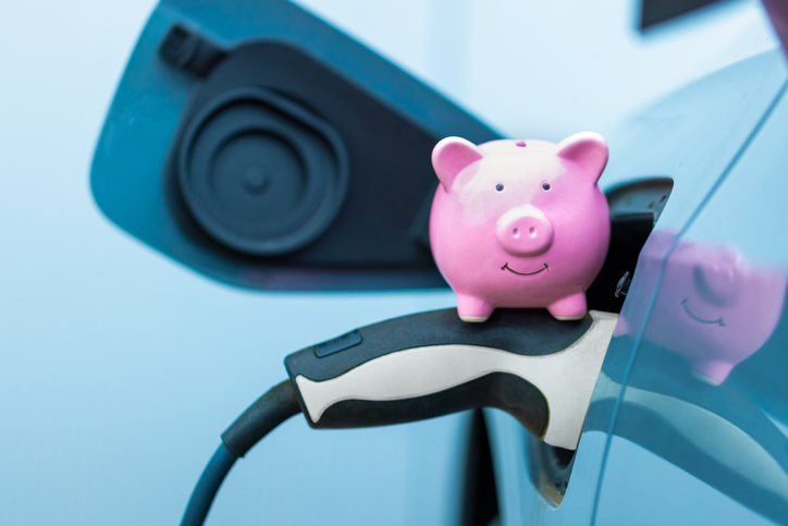 Piggy bank sits on the power plug when charging an electric vehicle.