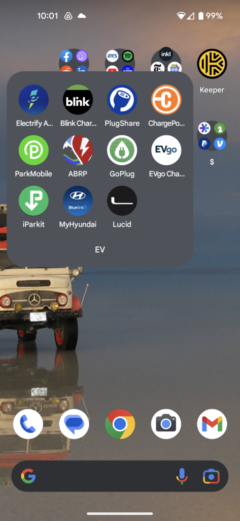 There are lots of EV-related apps – some more useful than others. Below we'll discuss the ones I think everyone should have. Here’s a glimpse of my personal EV folder on my phone.