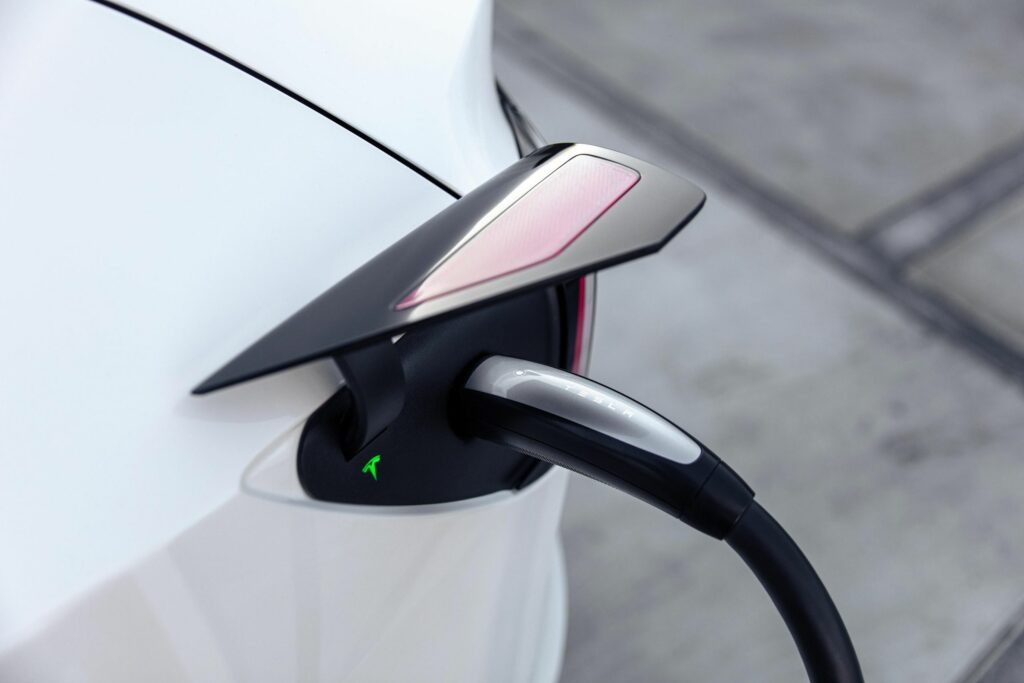 A glimpse of Tesla's North American Charging Standard (NACS) charging connector.