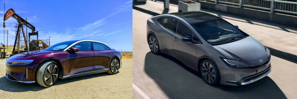 When can a Prius be a better choice that a Lucid Air? Cold weather driving over long stretches in remote areas is one example.  Another might be simply needing to toss your car keys to your 80-year-old grandfather without needing to explain what is different about driving a computer on wheels.  Image credit: John Higham (Lucid) and Toyota USA (Prius).