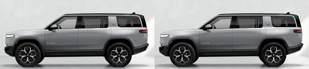 The Rivian R1S on the left is eligible for the IRS's EV Tax Credit (albeit 50% of the credit).  The R1S on the right is not eligible for the credit. The difference is a matter of factory-installed options.  In the case of a Rivian, checking virtually any option on the order form will put you over the limit.  Even if that option is that stunning Red Canyon paint job, which is hands down how I would configure the R1S.  Photo credit: Rivian.