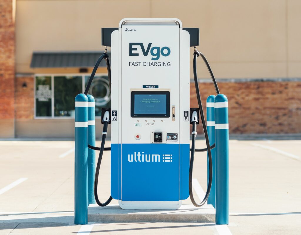 A close up of one of EVgo's EVSEs with dual charging ports.
