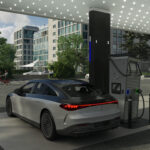 A rendering showing a car charging on the Mercedes-Benz High-Power Charging Network. Mercedes-Benz High-Power Charging Station