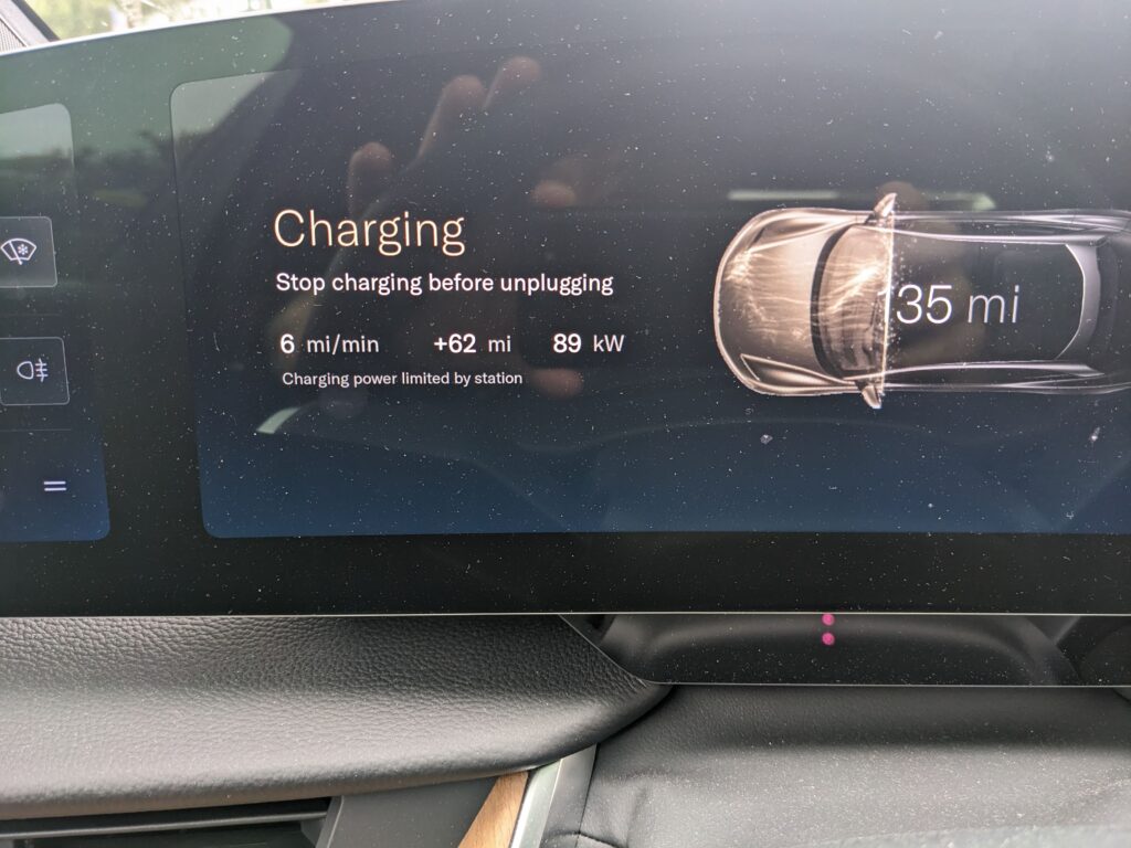 When I complained about being throttled at 89 kW, a friend reminded me that 5 years ago, I’d be thrilled to get 89 kW.  That may be true, but that’s beside the point.  A successful charge is one that initiates on the first plug in, and the station delivers the power the car is requesting, up to the maximum output the station can deliver.  Photo credit: John Higham.