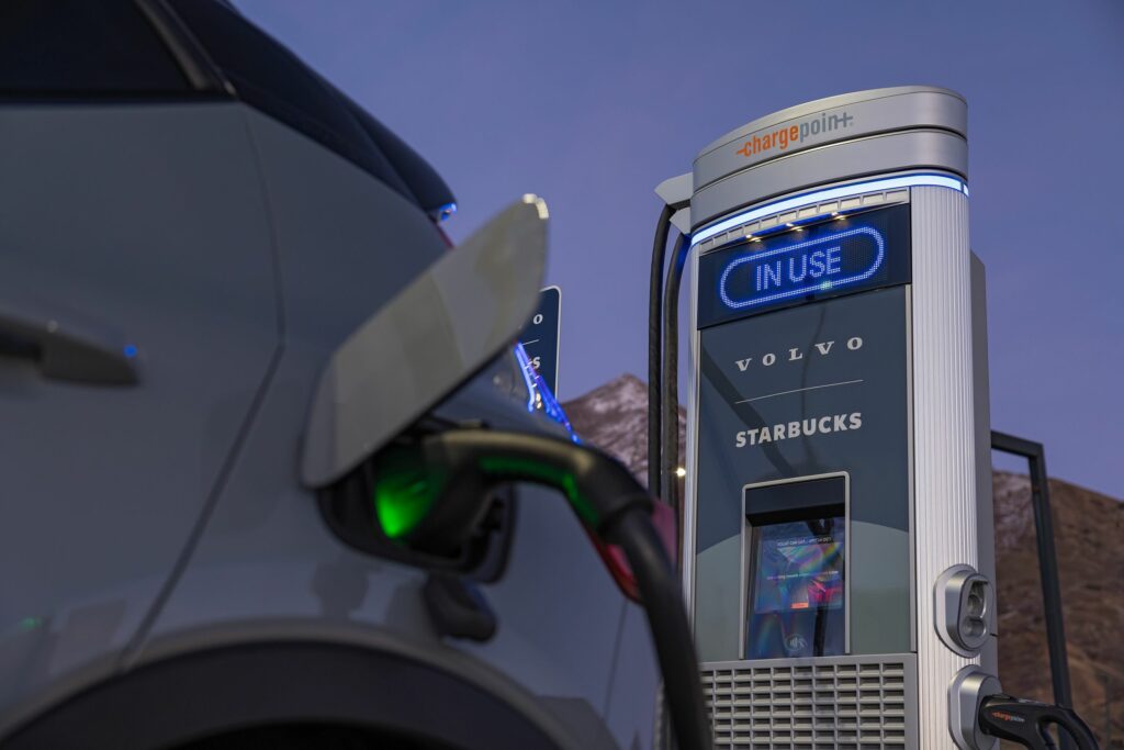 An up-close view of a charging station at Volvo and Starbuck's new public EV fast charging network in the US.