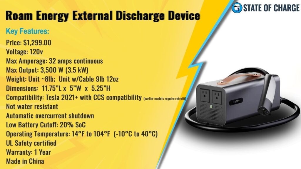 RoamEnergy Tesla EV Discharger — 120V, up to 3,500W (Model 3/Y/S/X). (Source: RoamEnergy)