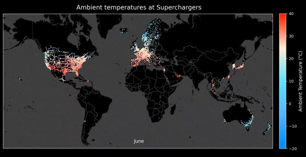Tesla Trip Planner uses data like this map of ambient temperatures at Tesla Superchargers to plot out your optimal charging stop. (Source: Tesla)