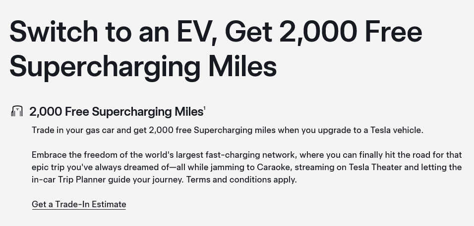 Tesla offer: Switch to an EV, Get 2,000 Free Supercharging Miles. (Source: Tesla)